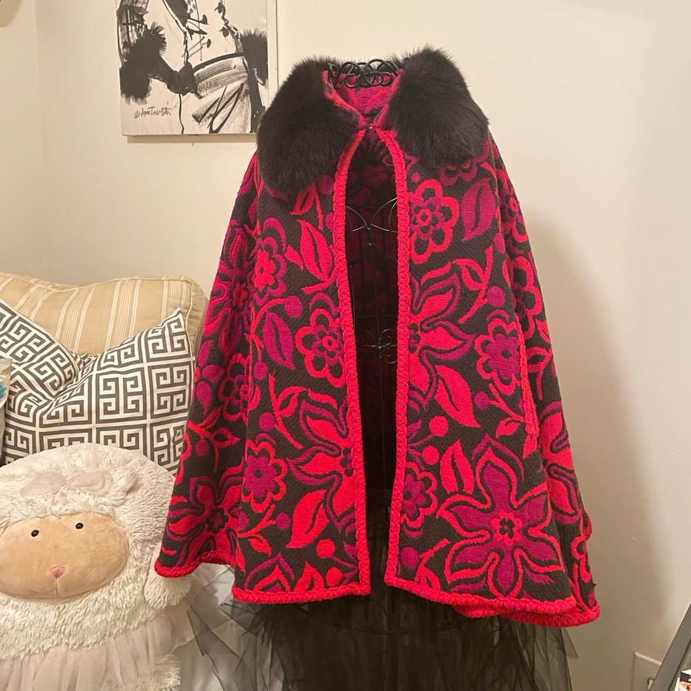 Mink collar tapestry cape